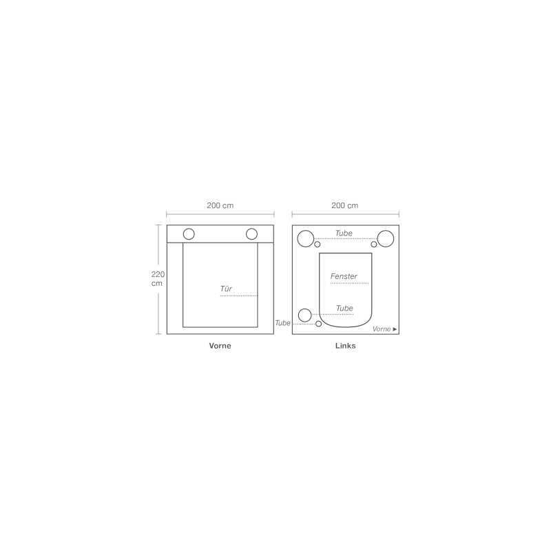 HOMEbox Ambient-Q200+ 200x200x220 cm-Techn. Zeichnung Vorder- und Seitenansicht