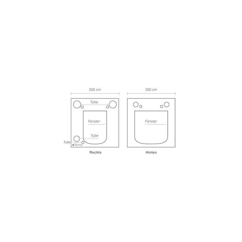 HOMEbox Ambient-Q200+ 200x200x220 cm-Techn. Zeichnung Seiten- und Rückansicht