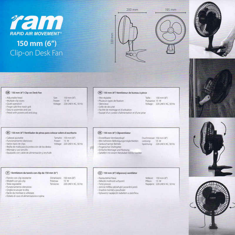 Tischventilator-RAM Clip 15 cm / 15 W-Verpackung Rückseite